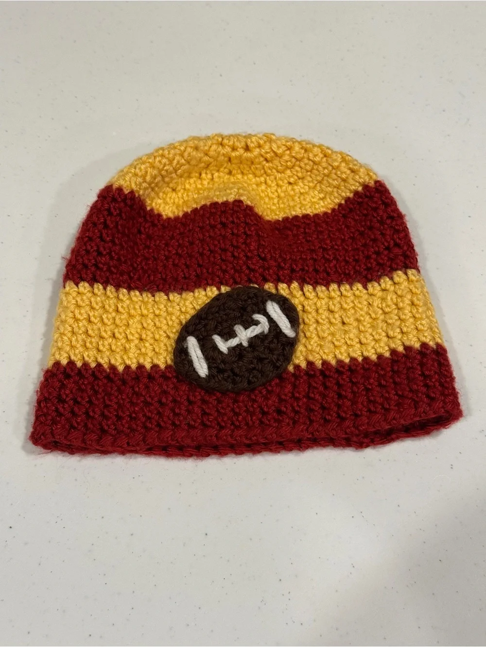 Infant Newborn Hand Knitted Football Themed Photoshoot Beanie Maroon Yellow Gold